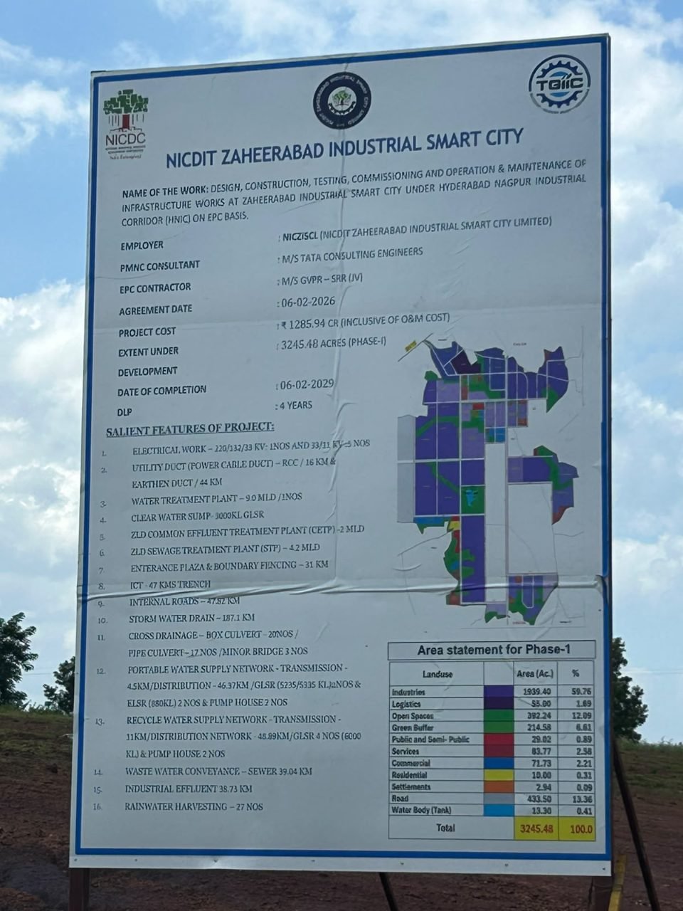 The NICDIT Zaheerabad Industrial Smart City project information board listing the work, employer, consultants, contractor, dates, cost, sixteen salient features, a colour-coded site plan and the Phase-I area statement